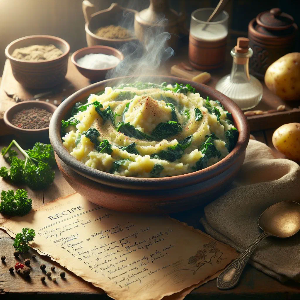 Bowl of colcannon mashed potato with kale and a melting knob of butter