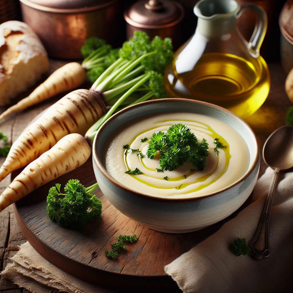 Bowl of creamy parsnip soup garnished with fresh herbs