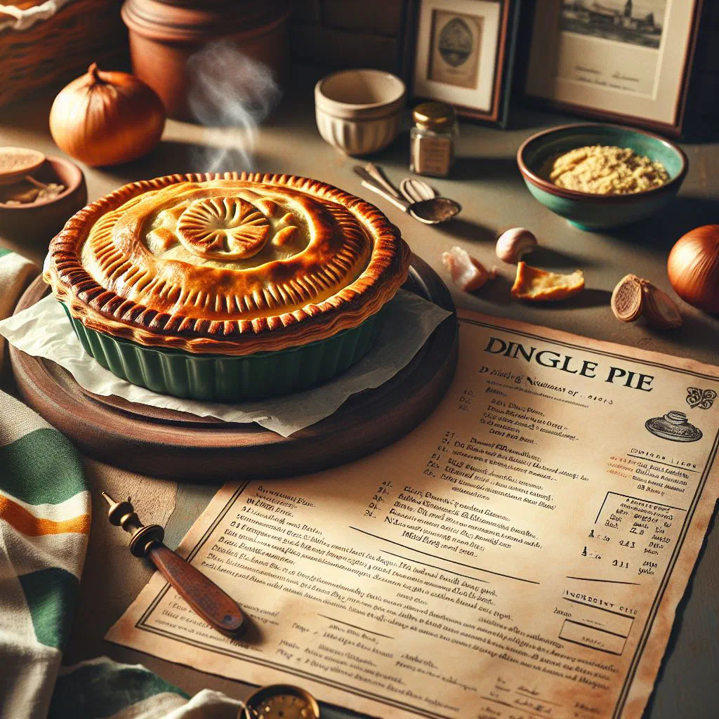 Golden Dingle pie with a buttery puff pastry crust on a rustic board
