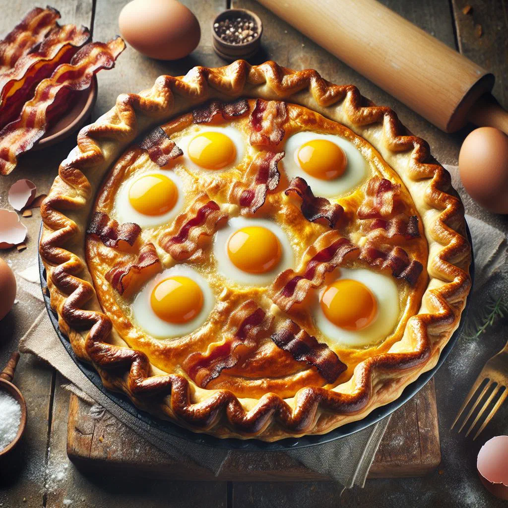 Golden egg and bacon pie with a flaky pastry crust, sliced to show the set egg filling