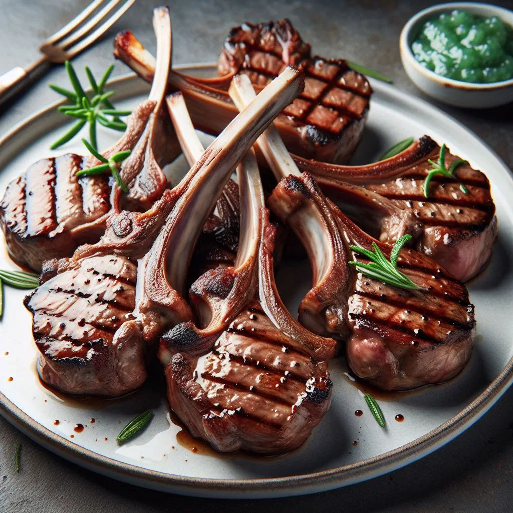 Grilled lamb chops with fresh rosemary and a wedge of lemon