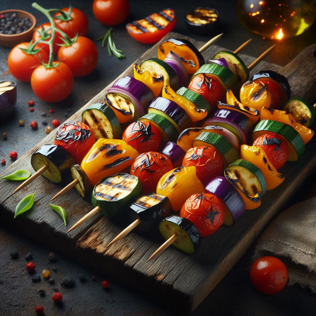 Colourful grilled vegetable skewers with peppers, courgette and mushrooms