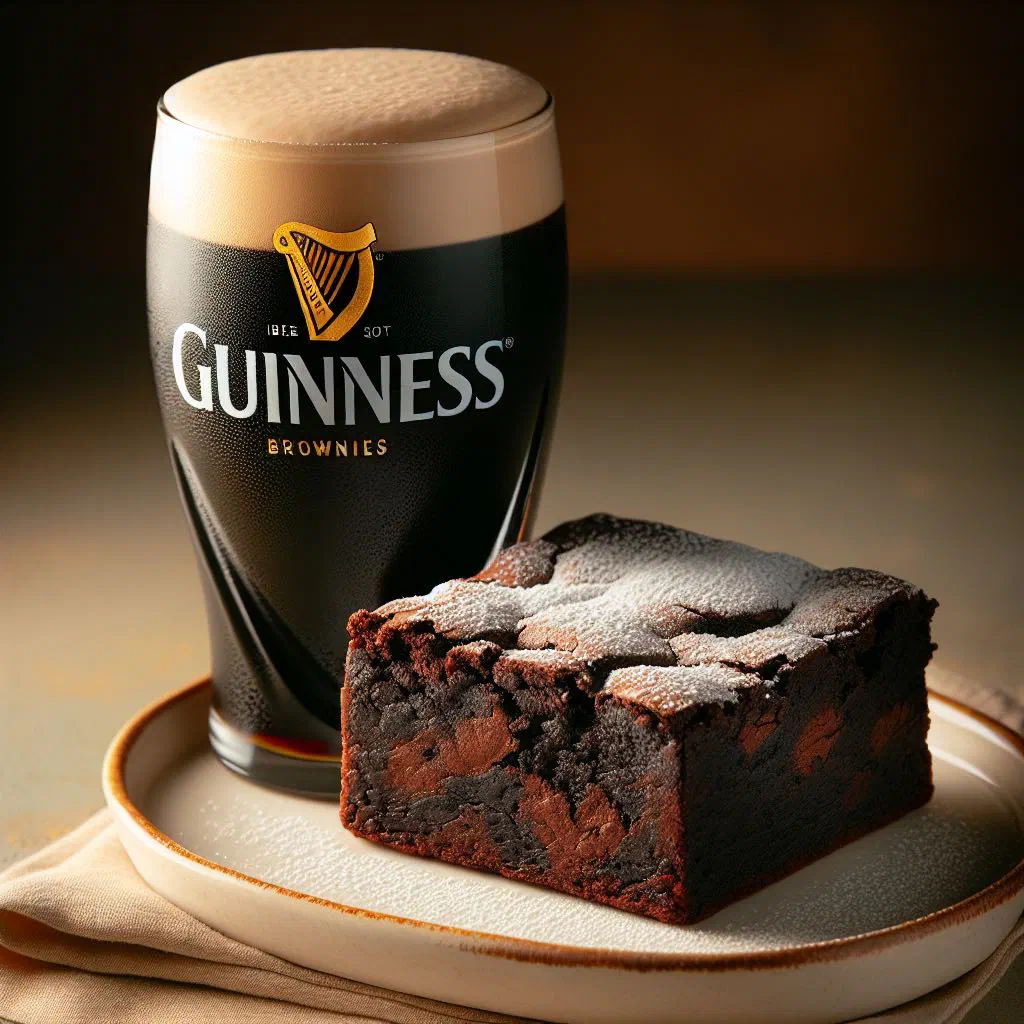 Squares of rich, fudgy Guinness brownies on a plate