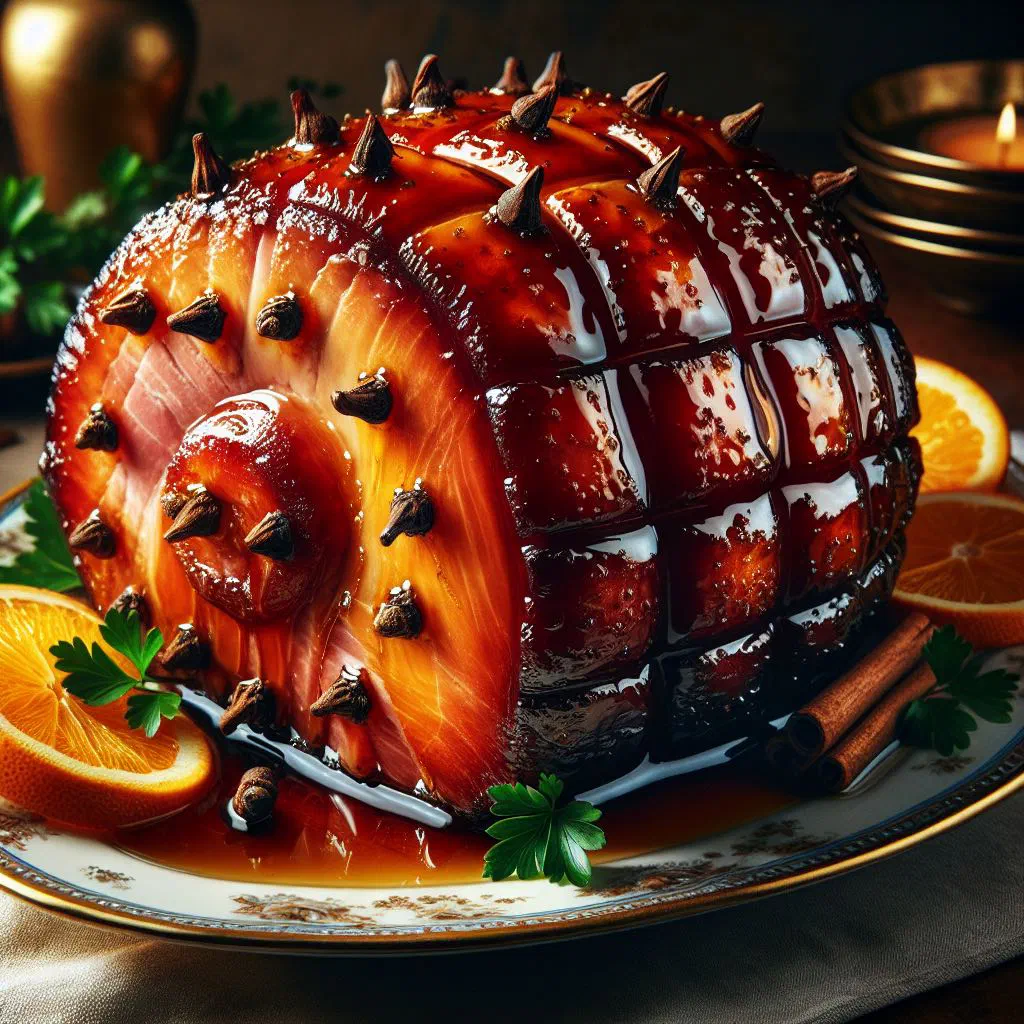 Honey-glazed ham scored and roasted to a golden, sticky finish