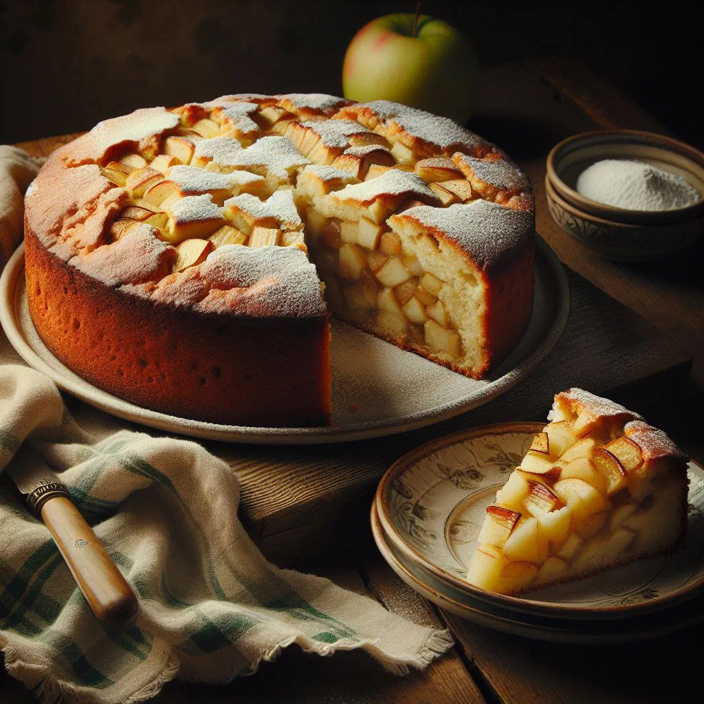 Golden Irish apple cake dusted with sugar and served with vanilla custard