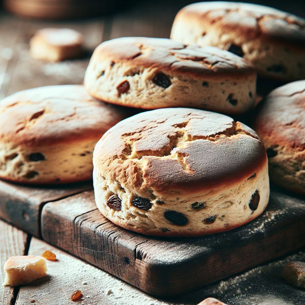Golden Irish barm cakes studded with raisins, dusted with sugar