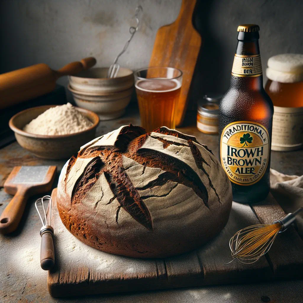 Sliced loaf of Irish brown ale bread on a wooden board