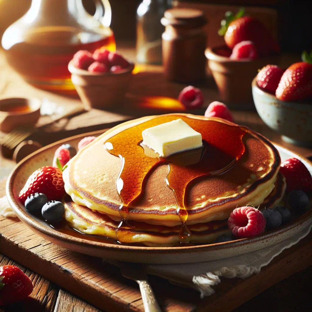 A stack of fluffy Irish buttermilk pancakes topped with fresh berries and a drizzle of syrup