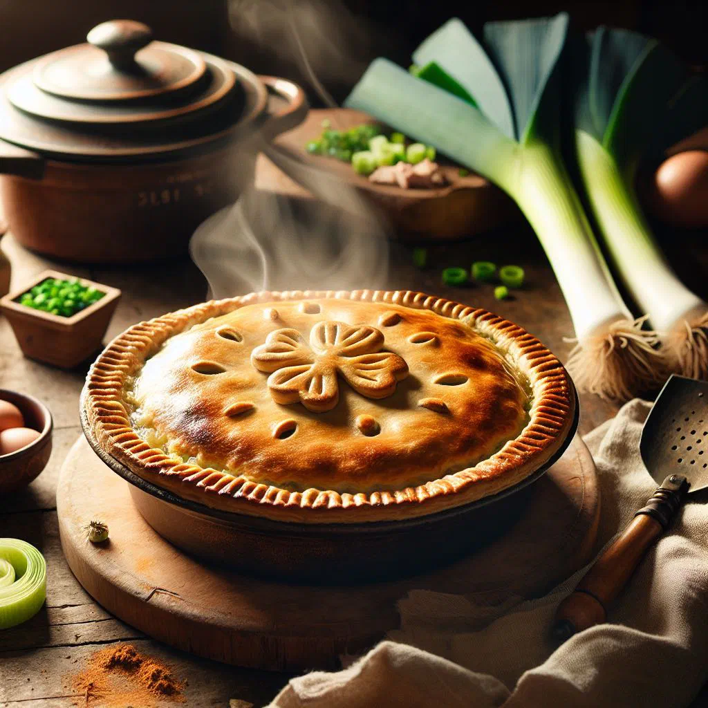 Golden Irish chicken and leek pie with a flaky pastry crust