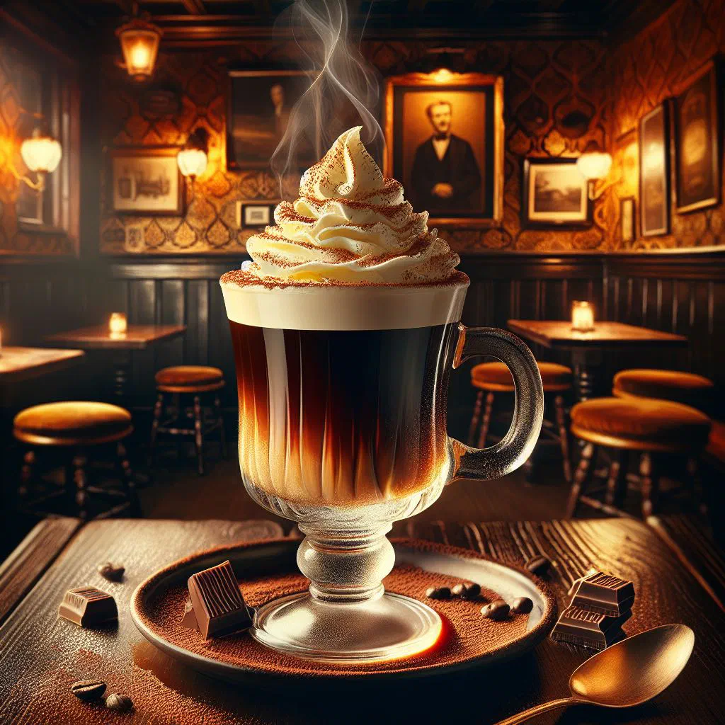 Irish coffee in a glass topped with a thick layer of cream