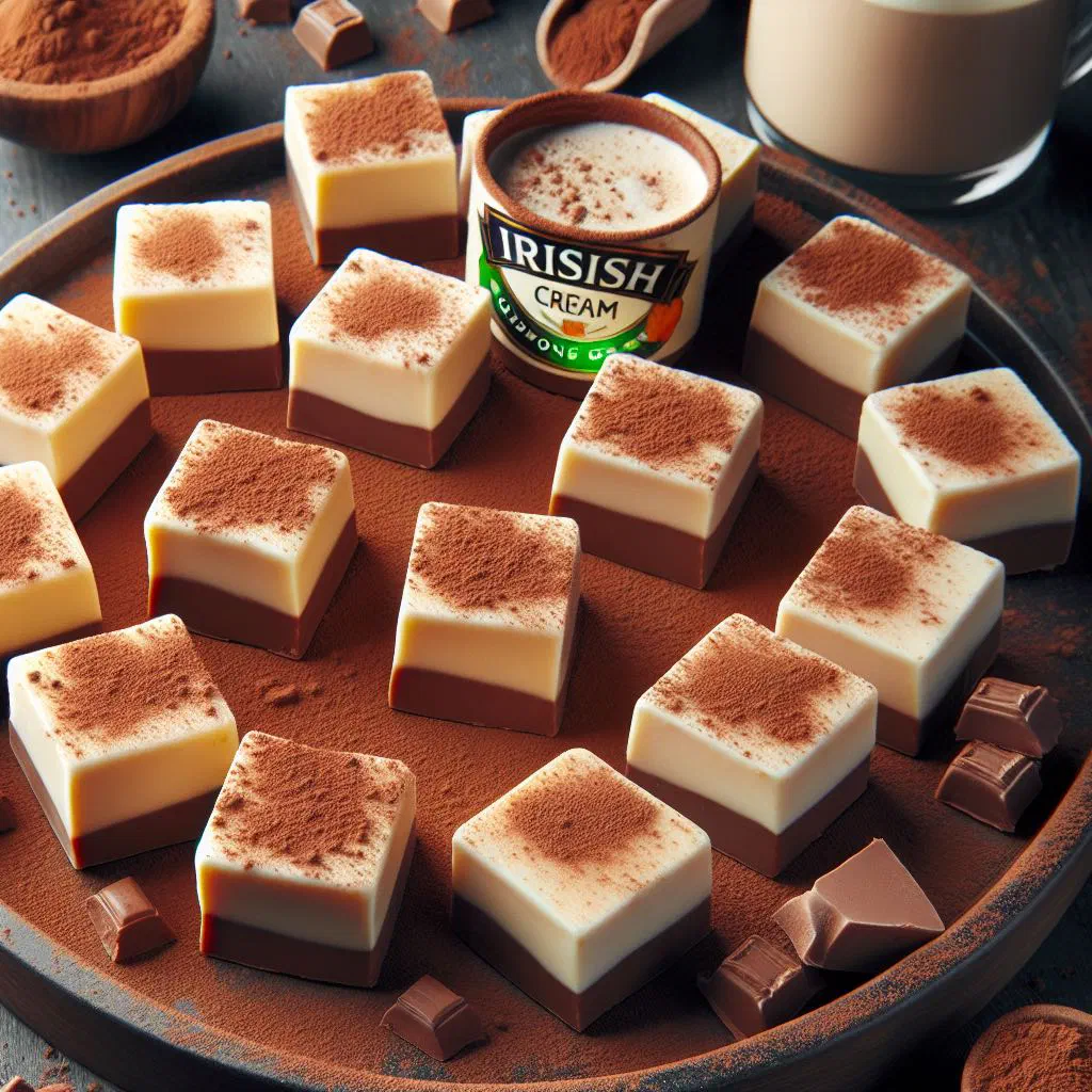 Squares of creamy Irish cream fudge on a serving plate