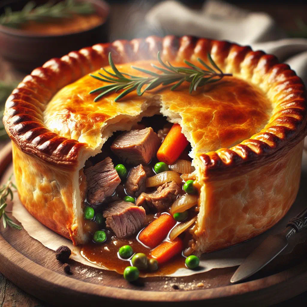 Golden Irish lamb pie with a flaky puff pastry crust