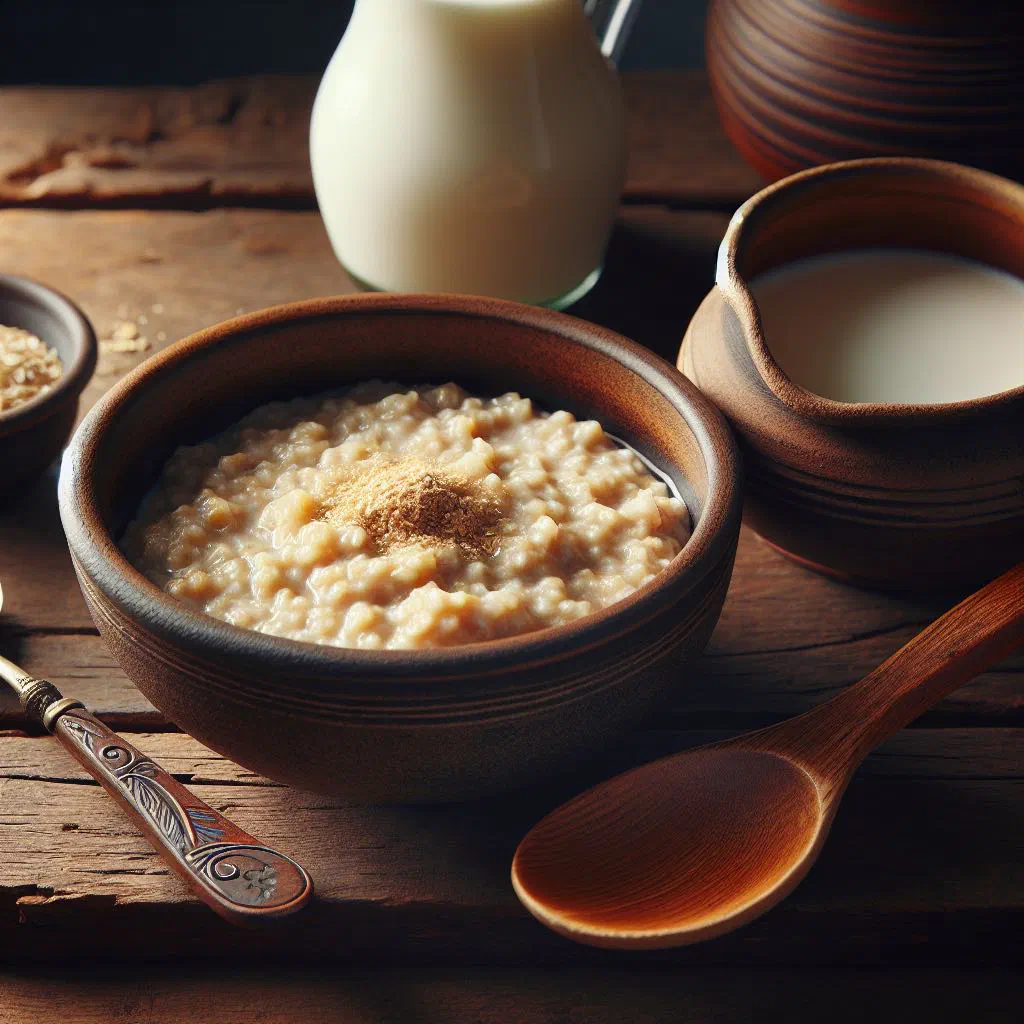 A warm bowl of Irish oatmeal topped with fresh berries, banana and a drizzle of honey