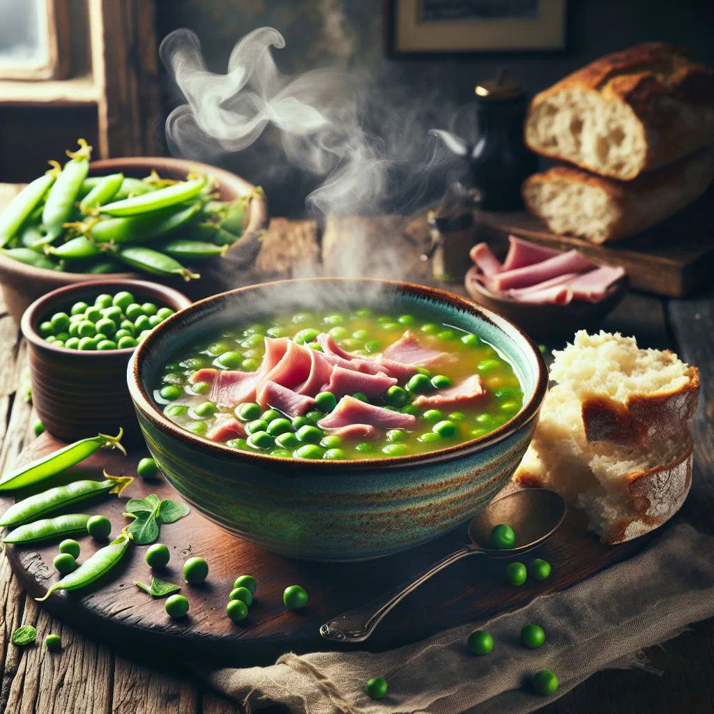 A bowl of creamy Irish pea and ham soup garnished with fresh herbs