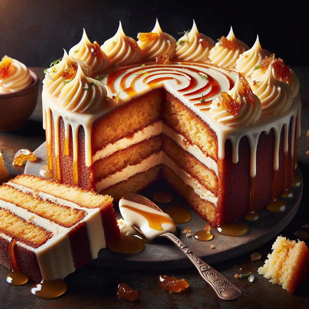 Slice of Irish whiskey cake dusted with icing sugar