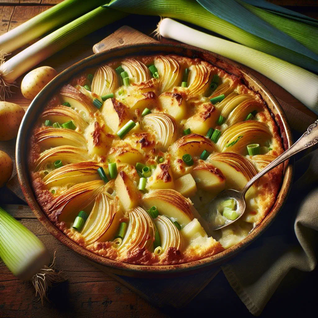 Golden-baked leek and potato gratin in a dish, bubbling with melted cheese