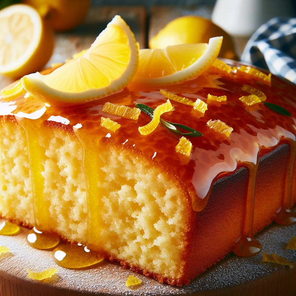 Lemon drizzle cake with a glossy lemon icing, sliced and served