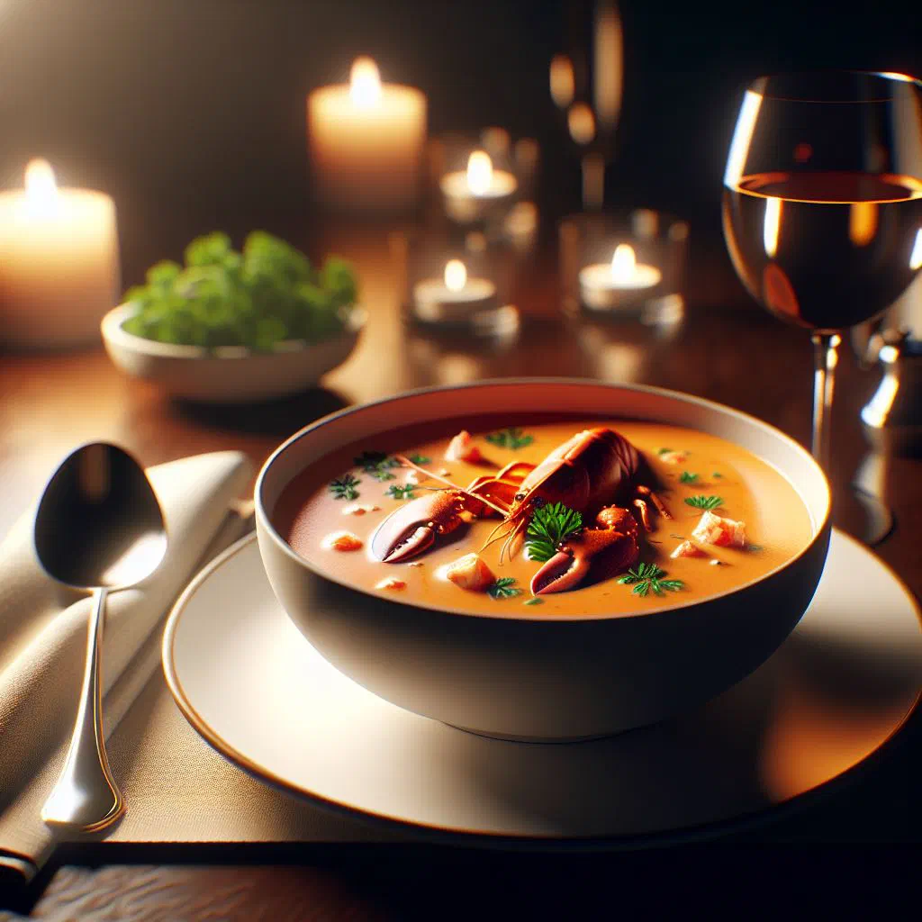 A bowl of creamy lobster bisque garnished with fresh herbs and lobster meat