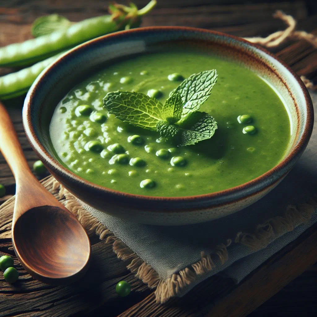 A bowl of vibrant green mint and pea soup garnished with fresh mint