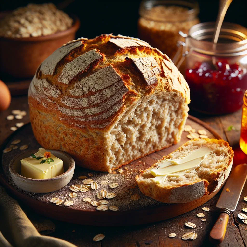 Rustic round loaf of Irish oatmeal soda bread with a cross cut into the top