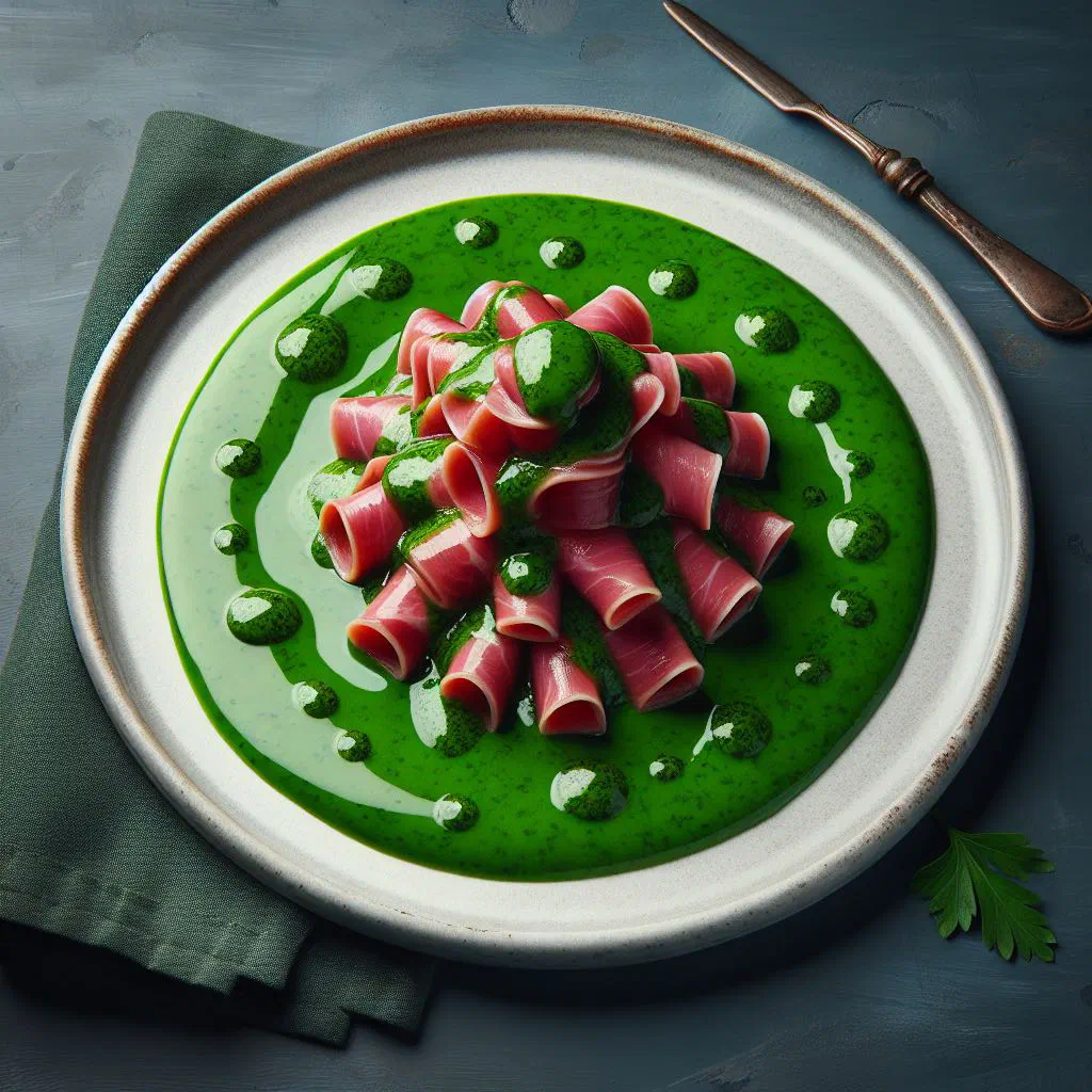Sliced ham topped with creamy parsley sauce on a plate
