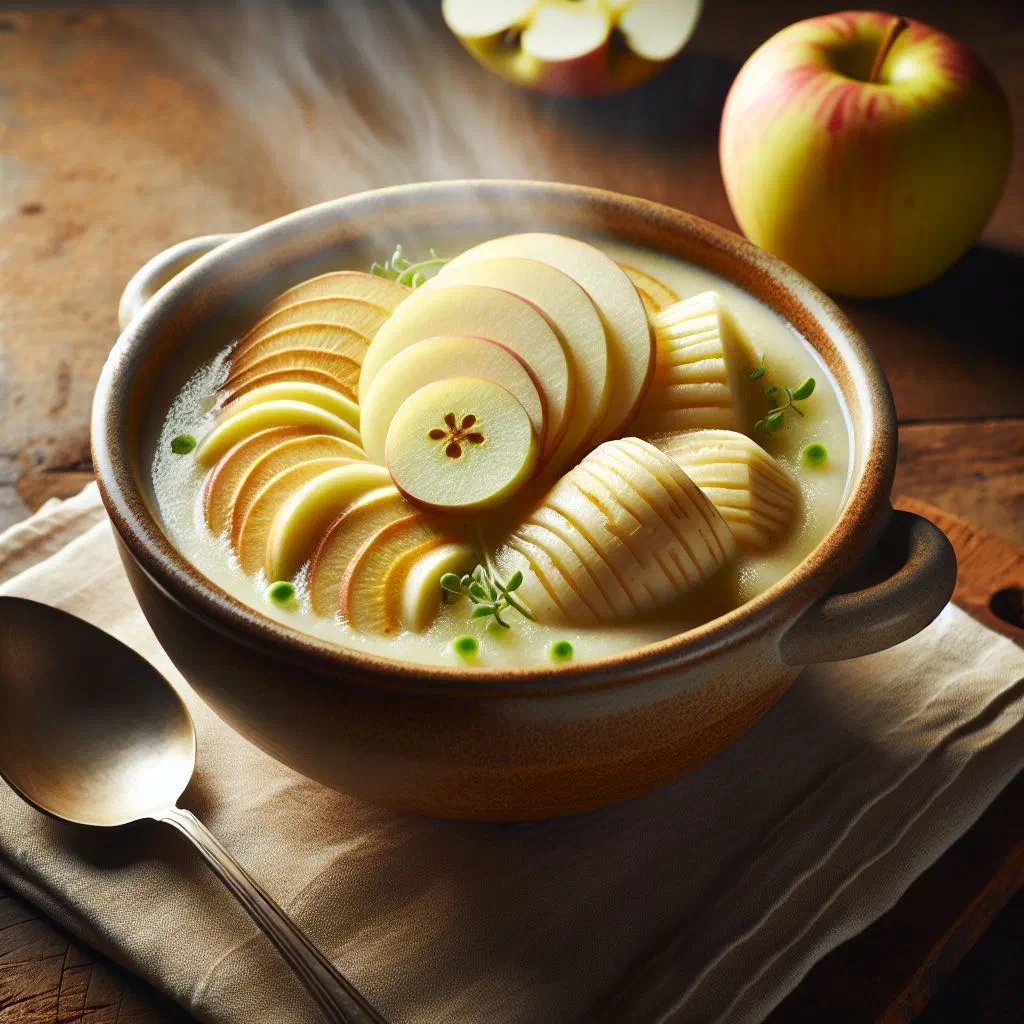 Creamy parsnip and apple soup garnished with fresh herbs