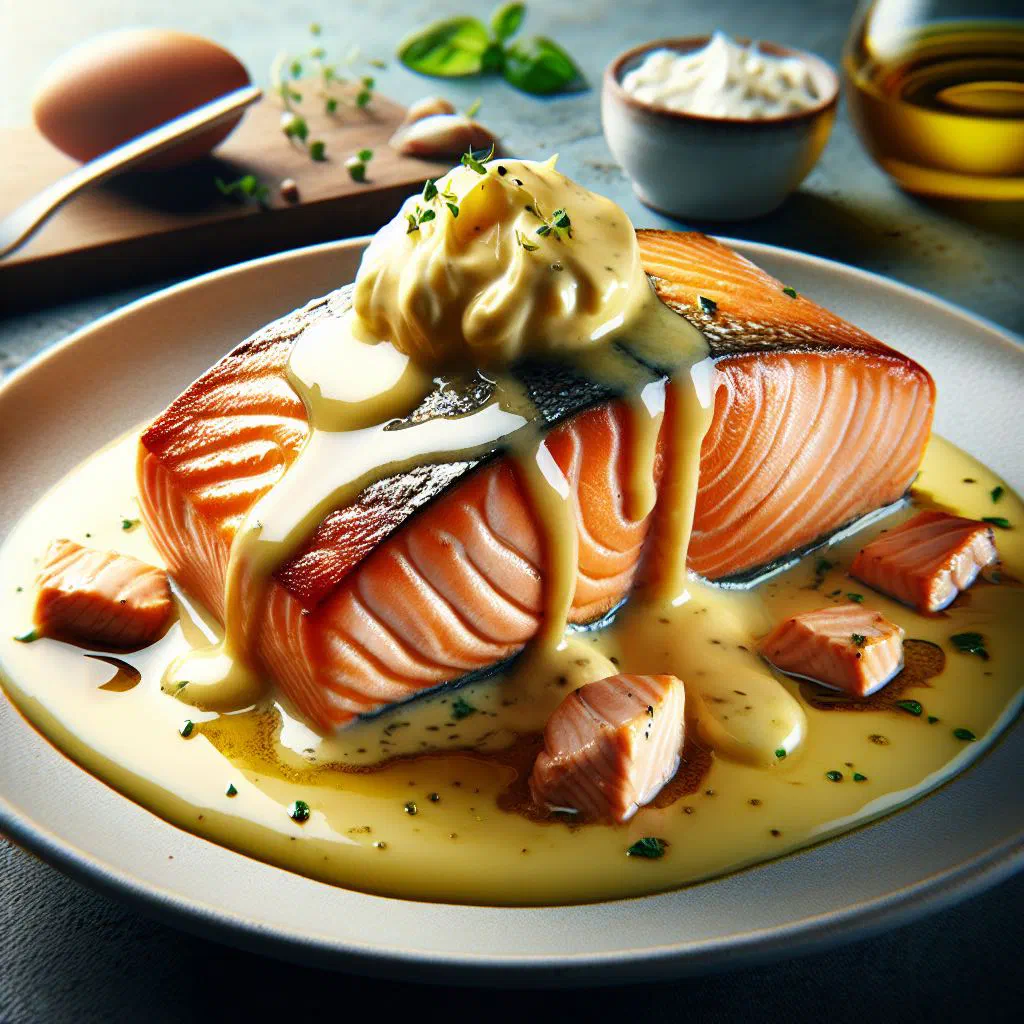 Poached salmon fillet drizzled with butter sauce and fresh dill