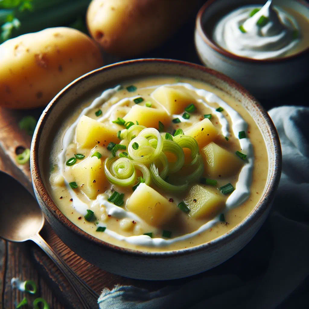 A bowl of creamy potato and leek soup garnished with fresh herbs