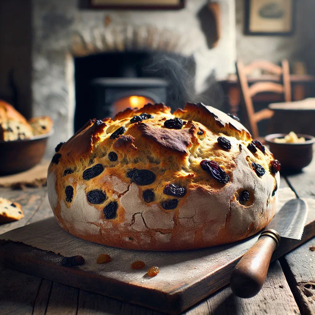 A round loaf of raisin soda bread with a cross cut into the golden top