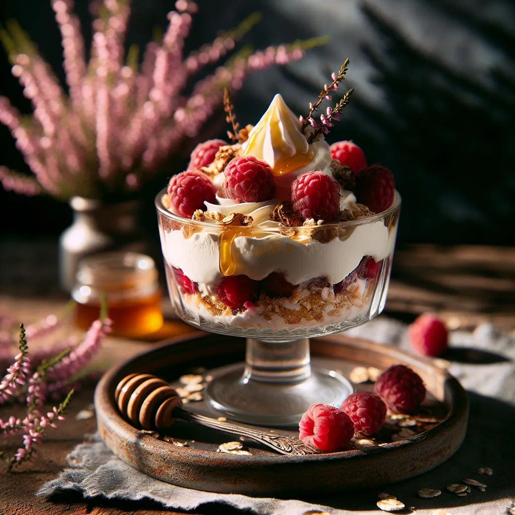 Layered raspberry cranachan in a glass topped with fresh mint