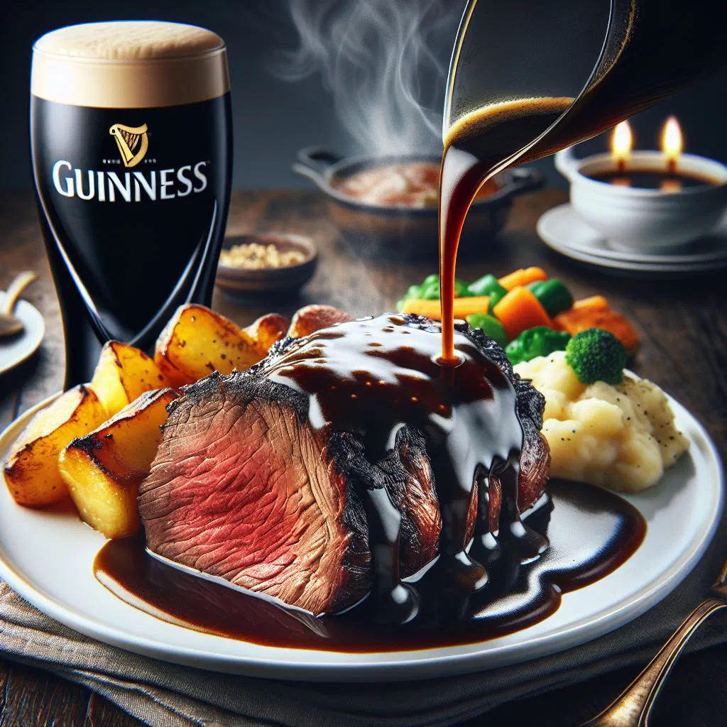 Sliced roast beef served with a rich Guinness gravy and roasted vegetables