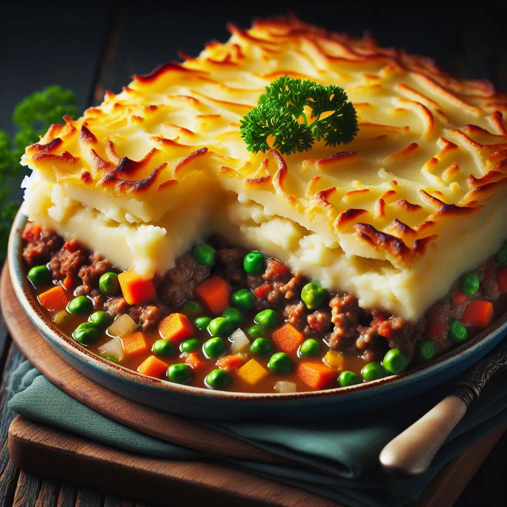 Shepherd's pie with a golden mashed potato crust in a baking dish
