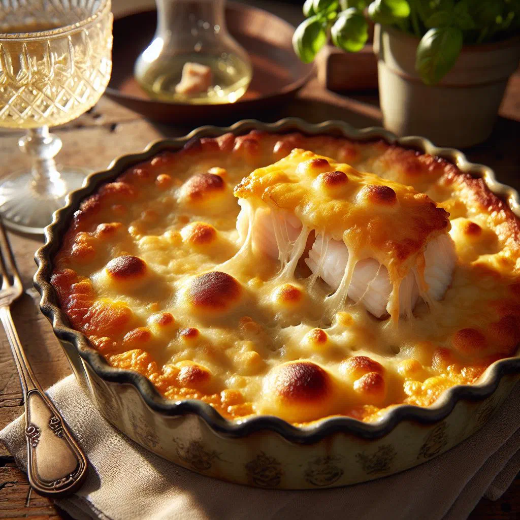 Golden, bubbling smoked haddock and cheese bake garnished with fresh dill