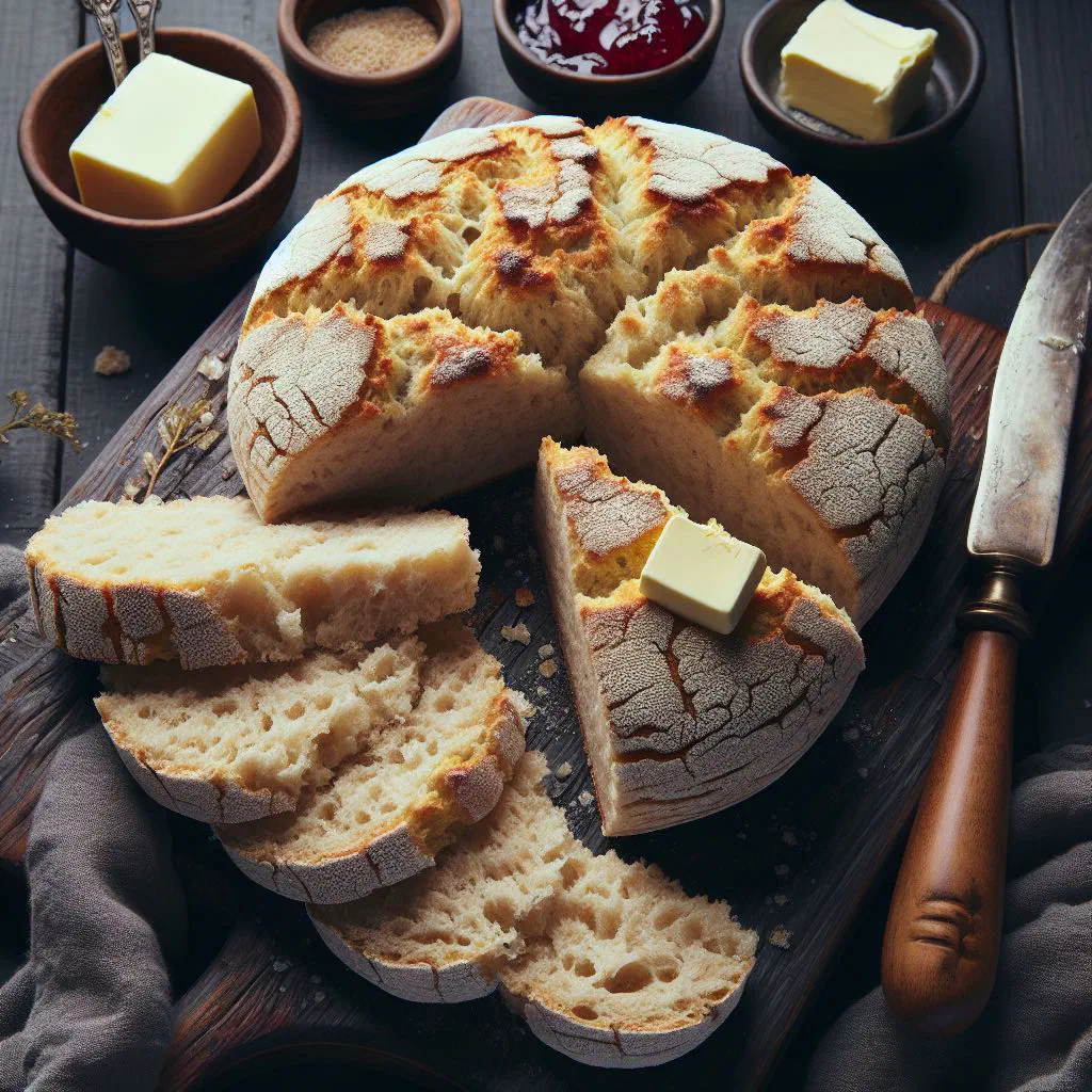 Golden soda farls cut into quarters on a wooden board
