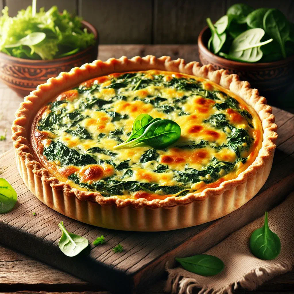 Golden spinach and cheese quiche with a flaky pastry crust