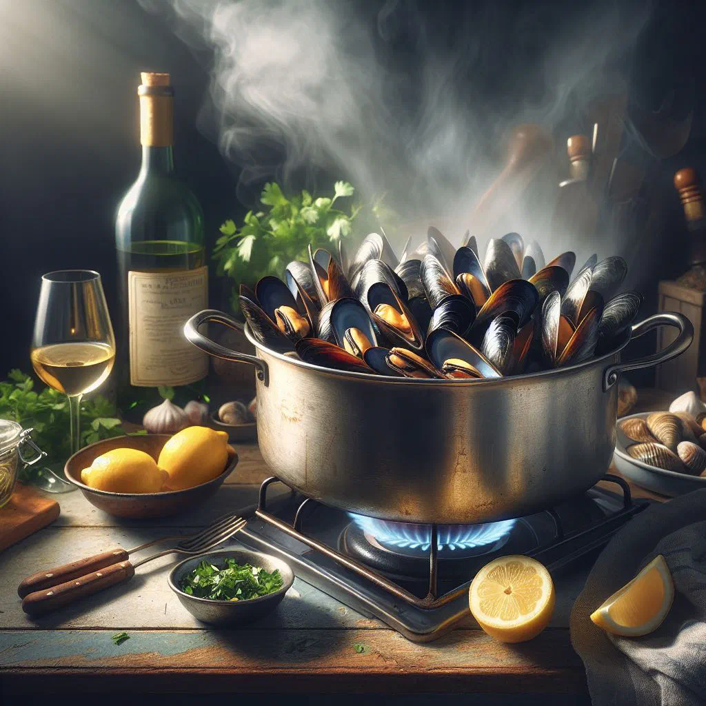 A bowl of steamed mussels in white wine broth with parsley and crusty bread