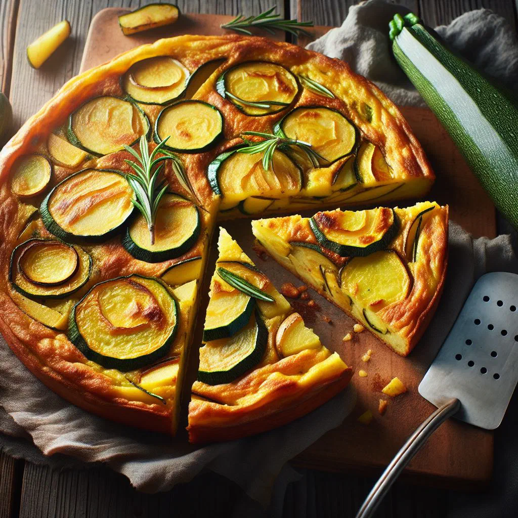 Golden zucchini and potato frittata garnished with fresh herbs
