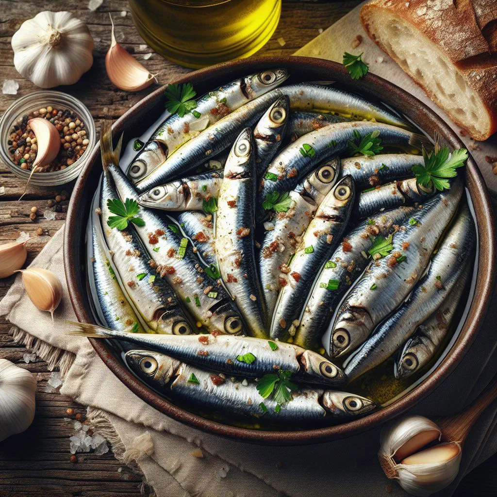 Marinated anchovy fillets with garlic, parsley and olive oil on a plate