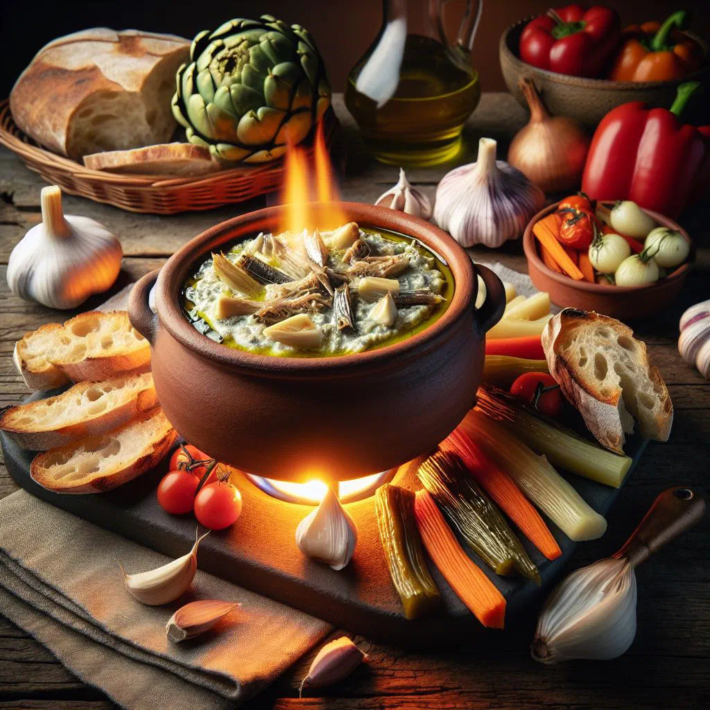 Warm bagna cauda dipping sauce served with fresh raw vegetables