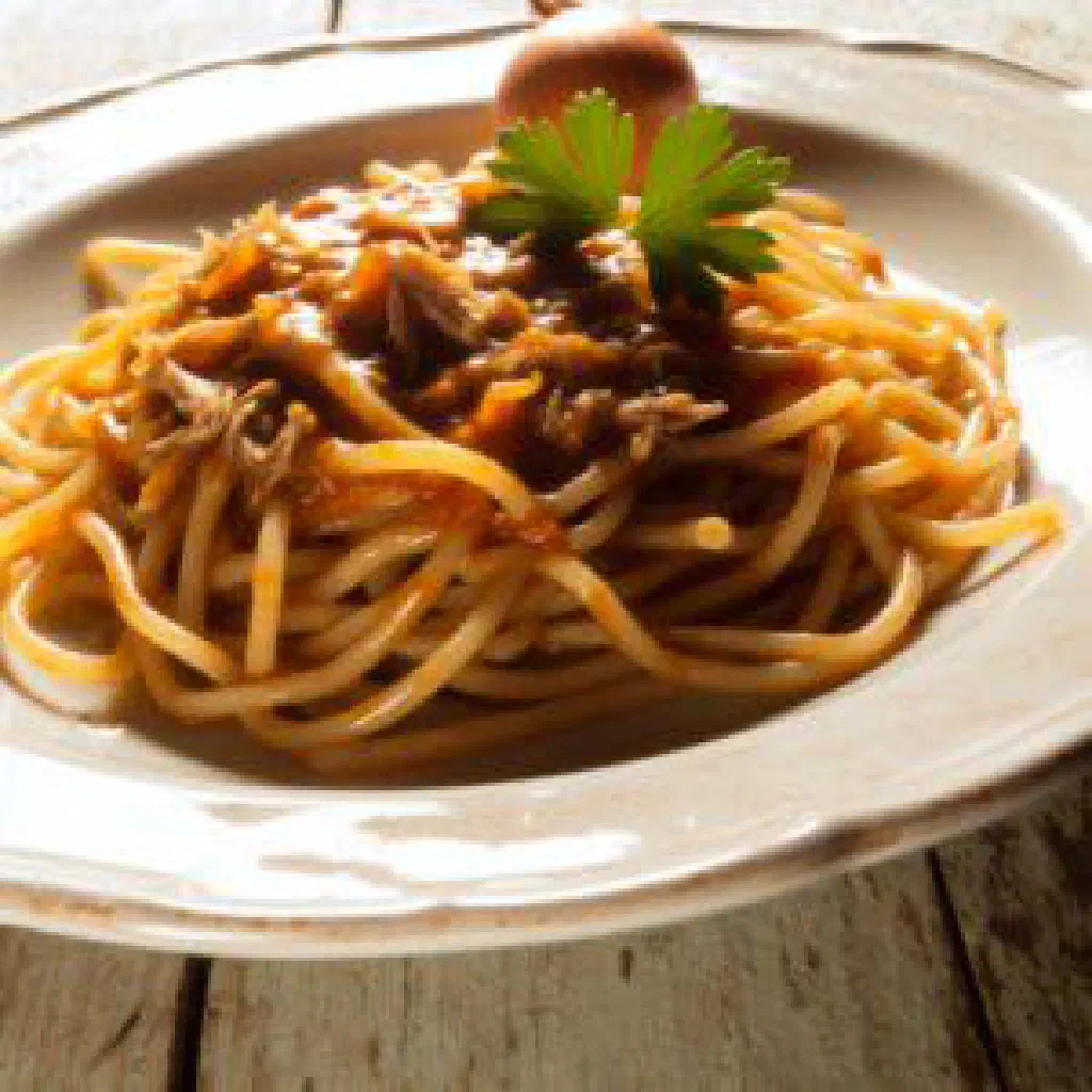 Bigoli pasta coated in a glossy anchovy and onion sauce