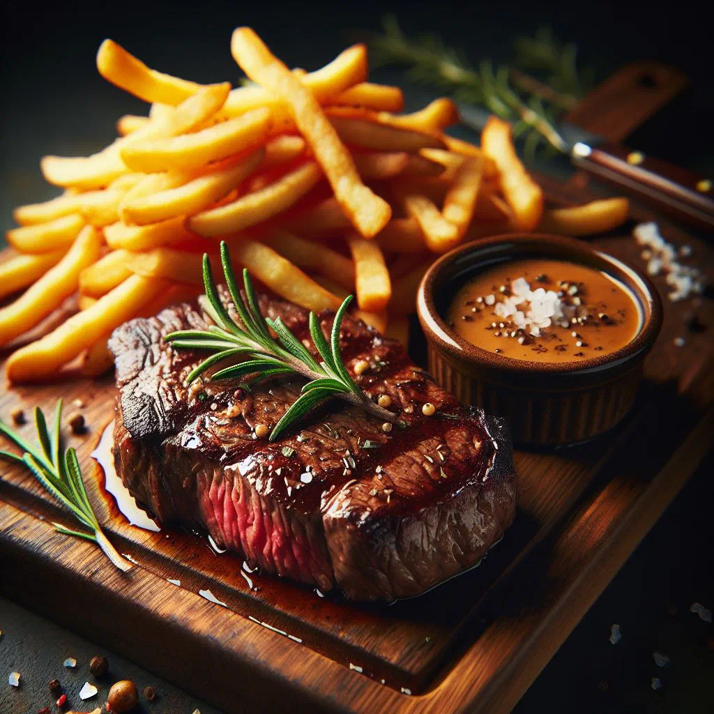 Thick grilled Bistecca alla Fiorentina T-bone steak sliced on a wooden board