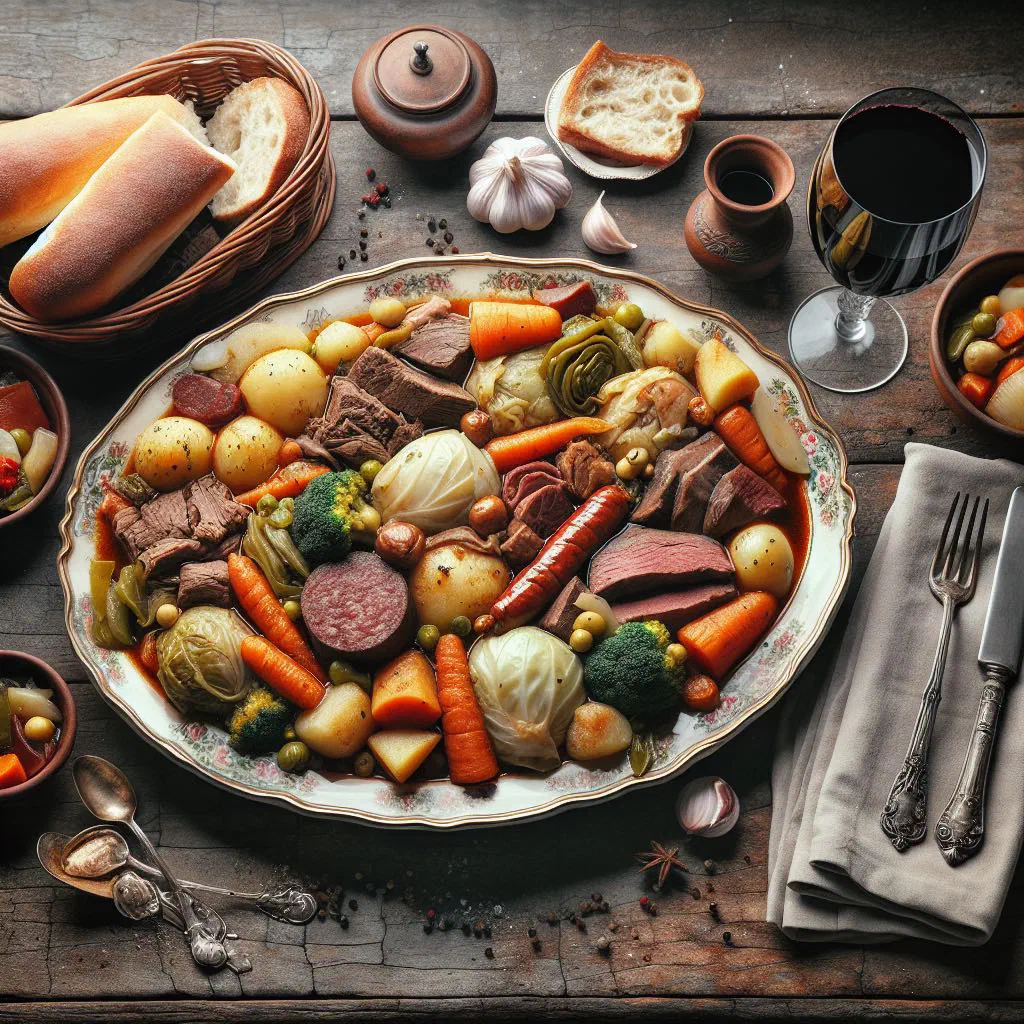 Sliced bollito misto with mixed boiled meats and salsa verde on a rustic platter