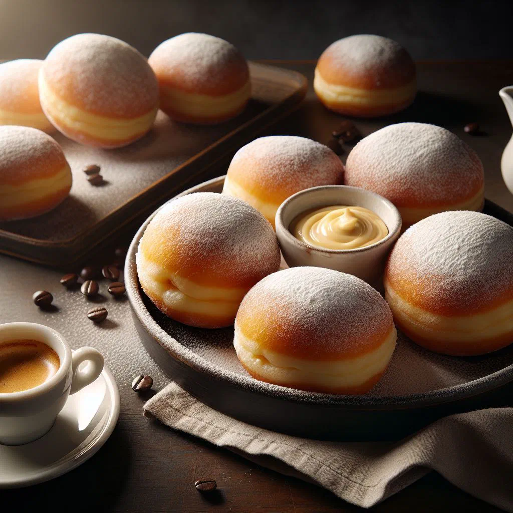 Sugar-dusted bomboloni filled with vanilla custard cream on a plate