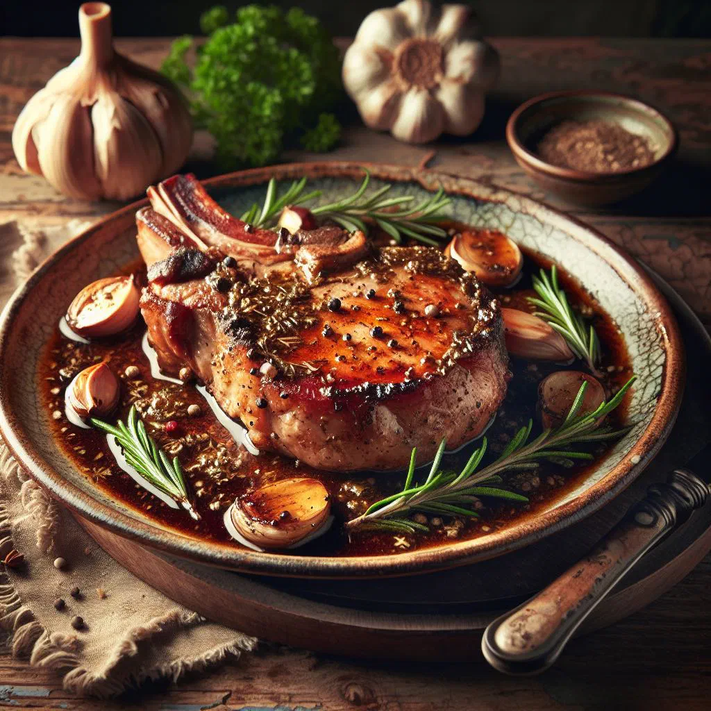 Tender pork chops braised in red wine, garnished with fresh herbs