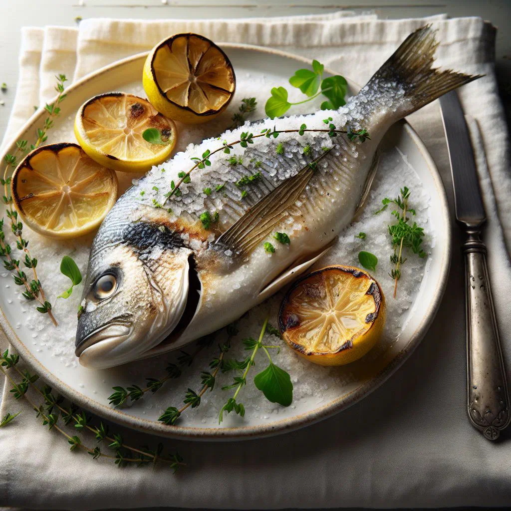 Whole sea bass baked in a salt crust with lemon and herbs