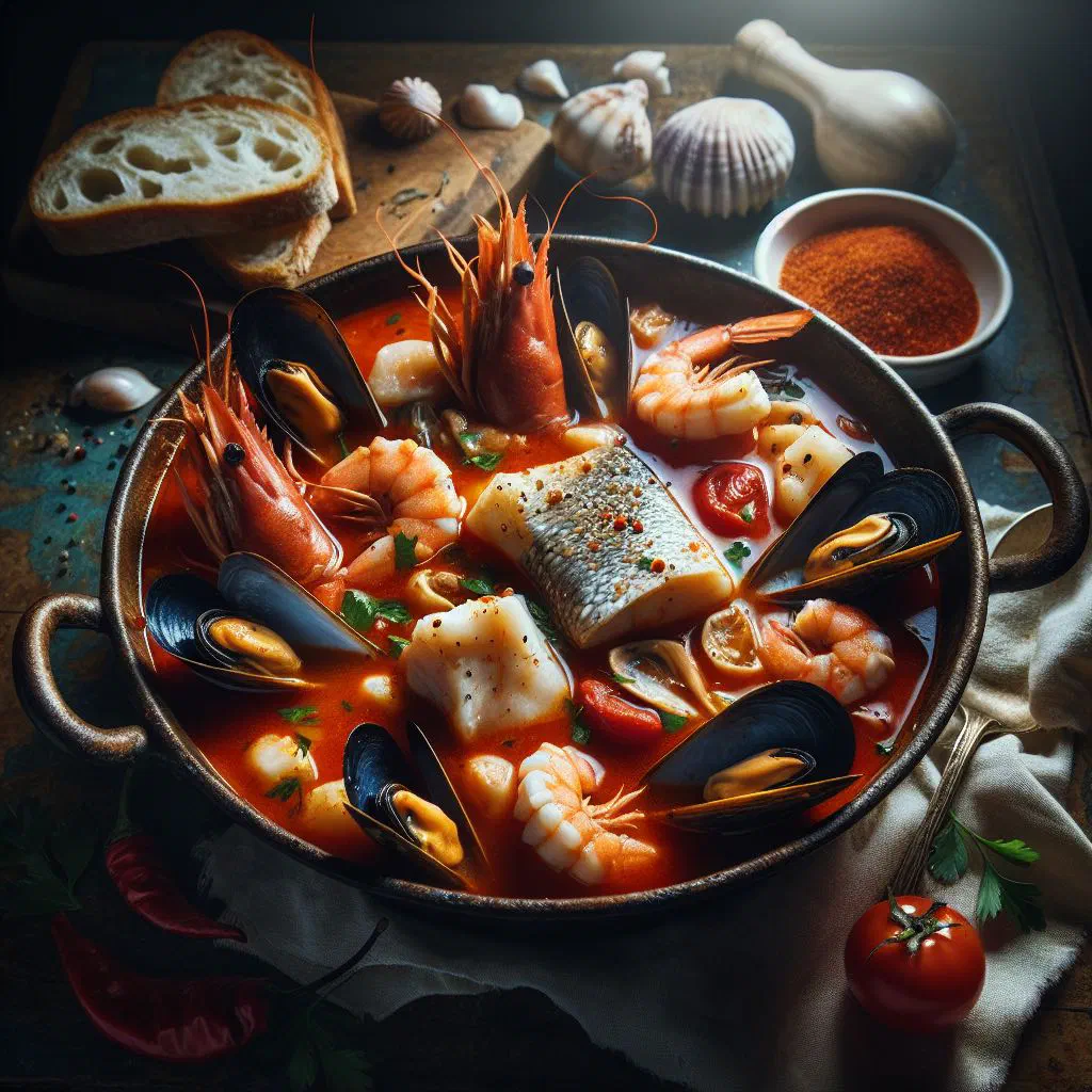 Brodetto di pesce fish stew with mixed seafood in a rich tomato broth