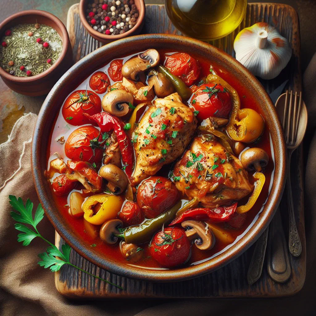 Chicken cacciatore simmered with tomatoes, peppers and herbs in a pan
