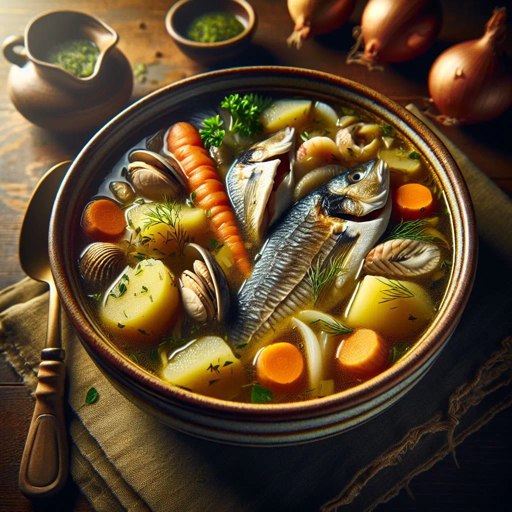 A rustic bowl of cacciucco fish stew with mixed seafood in a rich tomato broth