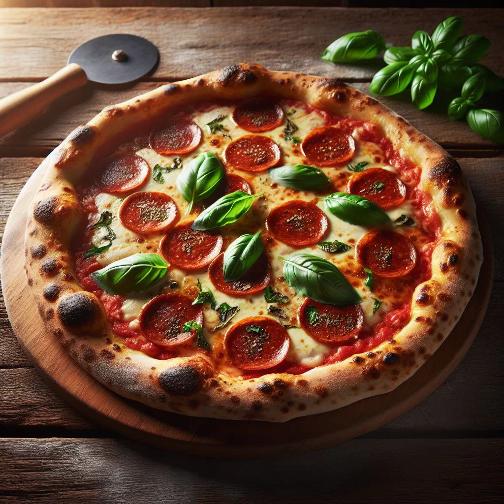 Golden baked calzone with a crisp folded crust on a wooden board