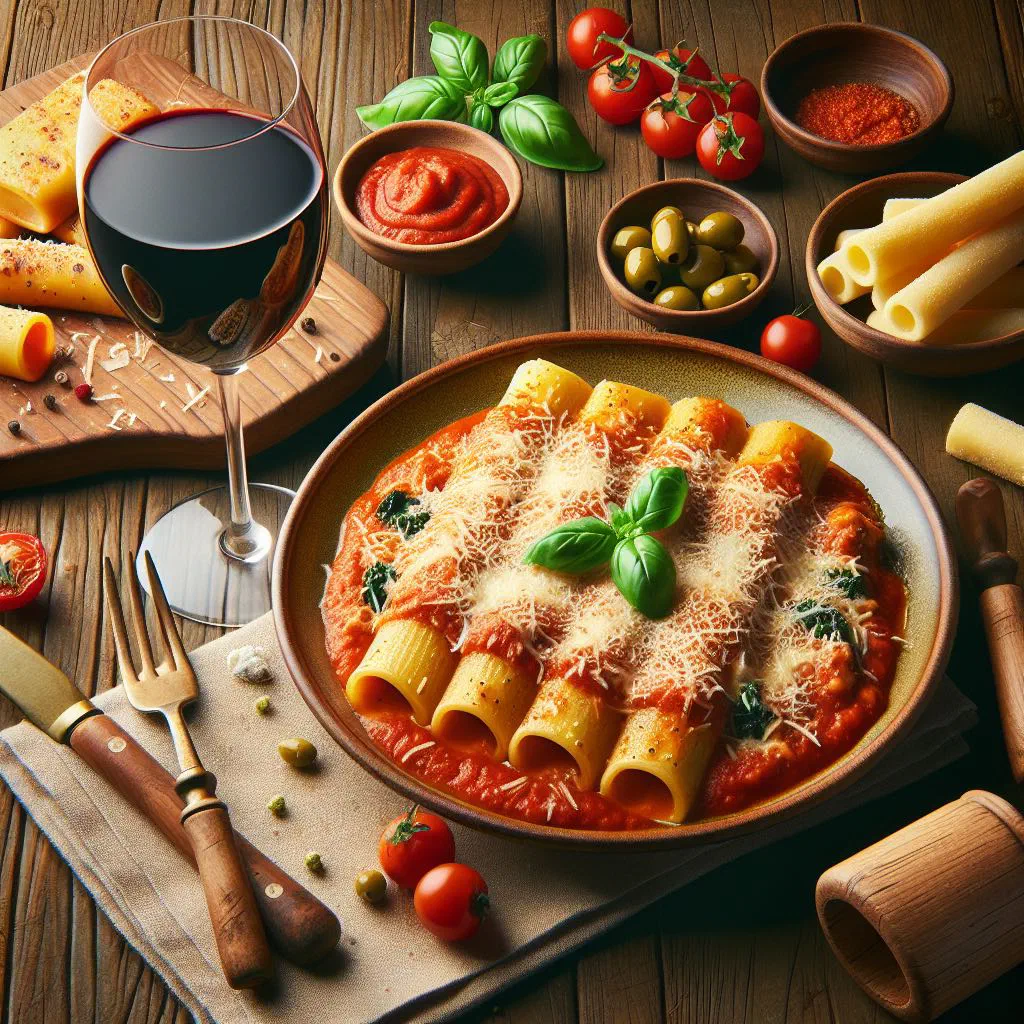 Baked cannelloni in tomato sauce topped with melted parmesan